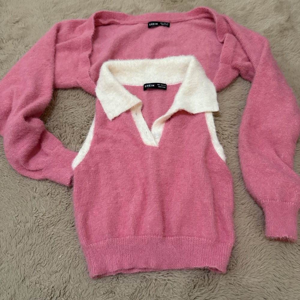 SHEIN Pink and Cream V-Neck Sweater